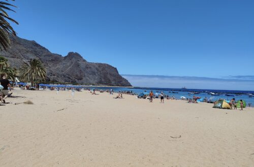 Rozległa złota plaża Playa de las Teresitas z palmami i ciemnymi górami Anaga w tle
