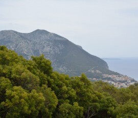 Panorama Cala Gonone z górą Widok na miejscowość Cala Gonone ze stromą górą i morzem