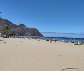 Playa de las Teresitas – złota plaża u stóp gór Anaga Rozległa złota plaża Playa de las Teresitas z palmami i ciemnymi górami Anaga w tle