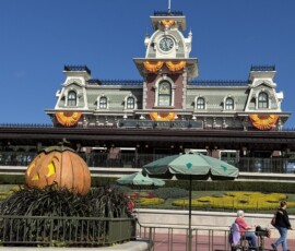 Wejście do Magic Kingdom – halloweenowe dekoracje Brama wejściowa Magic Kingdom z dyniami i jesiennymi dekoracjami
