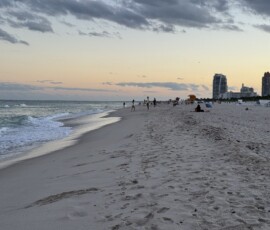 Miami Beach – plaża o wieczorze z ratowniczą wieżyczką Plaża Miami Beach o zmierzchu z żółtą ratowniczą wieżyczką i budynkami w tle