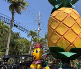 Park rozrywki ananasowy w Nago – Okinawa Kolorowy park rozrywki z wielką figurą ananasa i minipociągiem w Nago na Okinawie
