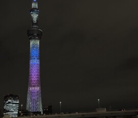 Tokyo Skytree nocą nad rzeką Sumida Tokyo Skytree podświetlone na niebiesko-różowo nad rzeką Sumida nocą