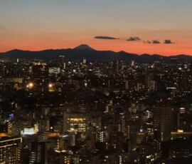 Panorama Tokio z Górą Fuji Nocna panorama Tokio z sylwetką Góry Fuji na tle zachodzącego słońca