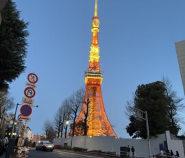 Tokyo Tower o zmierzchu Podświetlona na pomarańczowo Tokyo Tower w blasku wieczornego nieba