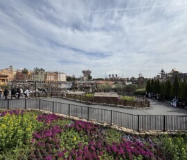 Panorama Tokyo DisneySea z kwiatami Panorama Tokyo DisneySea z rabatami kwiatowymi na pierwszym planie