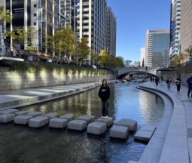 Marianna na kamieniach strumienia Cheonggyecheon Marianna stojąca na przeskakowych kamieniach strumienia Cheonggyecheon w centrum Seulu