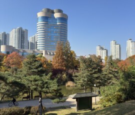 Park Olimpijski – staw z widokiem na wieżowce Staw w Parku Olimpijskim z charakterystycznymi okrągłymi wieżowcami Seulu w tle