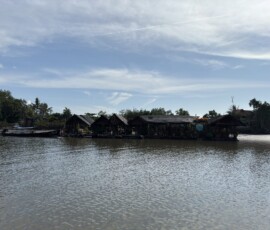 Krabi – pływająca restauracja na rzece Pływające bambusowe domki restauracyjne na spokojnej rzece w Krabi