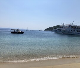 Plaża z łodziami na Skiathos Turkusowa woda i łodzie rybackie na plaży na wyspie Skiathos