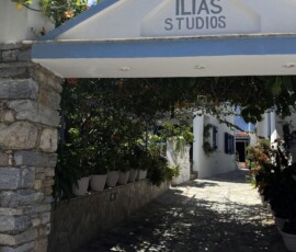 Ilias Studios – dziedziniec pensjonatu na Skopelos Kwiatowy dziedziniec pensjonatu Ilias Studios na wyspie Skopelos